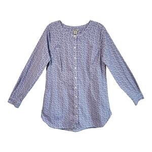 DULUTH TRADING Women's S Blouse Prairie Ditzy Floral Purple White Button Up 38"